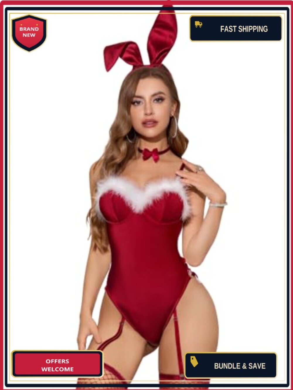 Bunny Costume Bodysuit Lingerie Set with Bunny Ears & Bow Tie